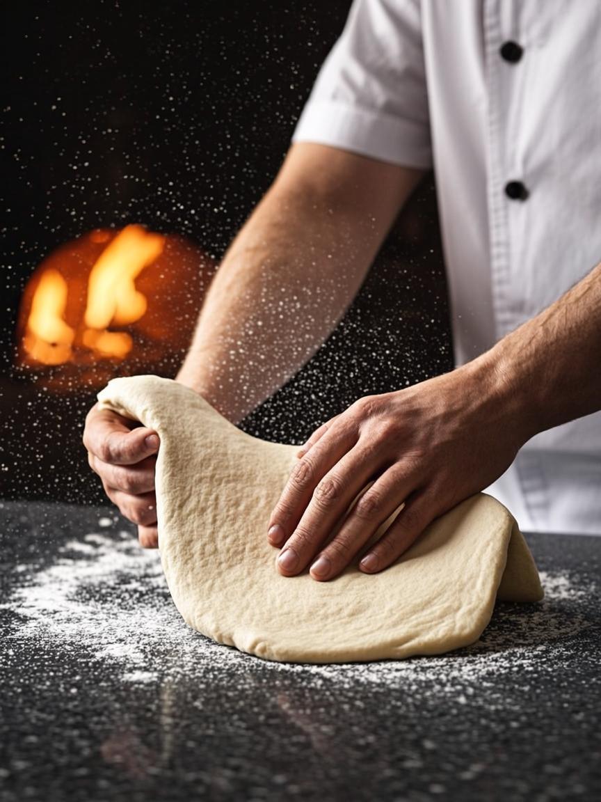 Ruke pizzaiola oblikuju napuljsko tijesto na tamnoj brašnjenoj površini