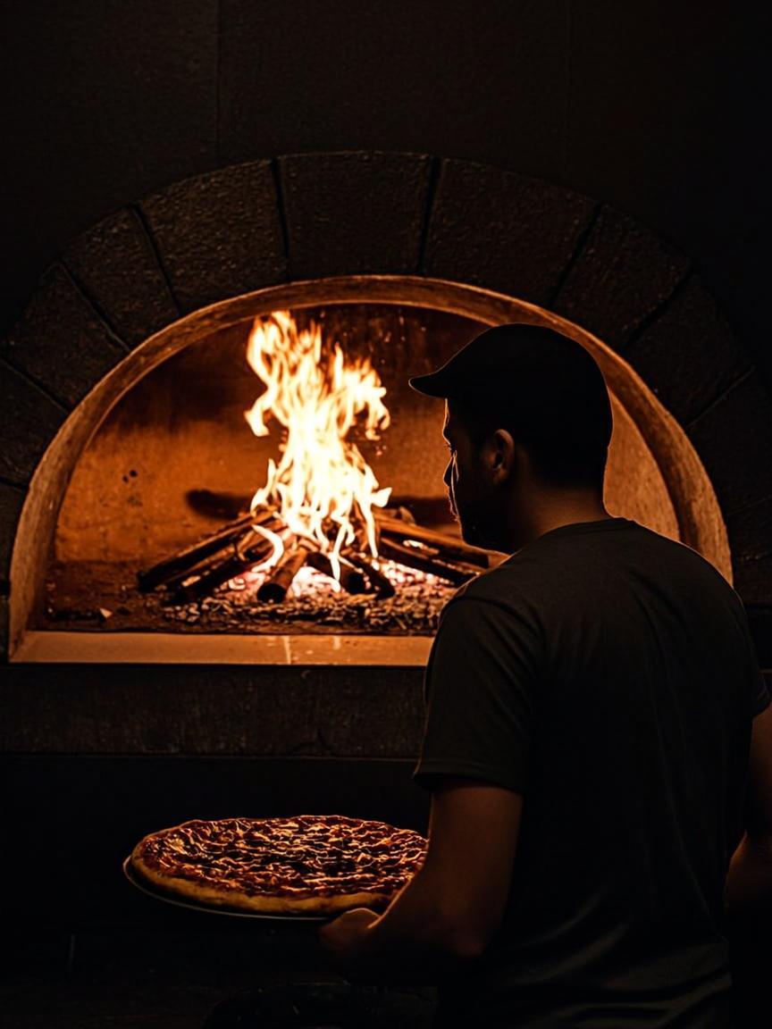 Krušna peć sa vatrom i siluetom pizzaiola