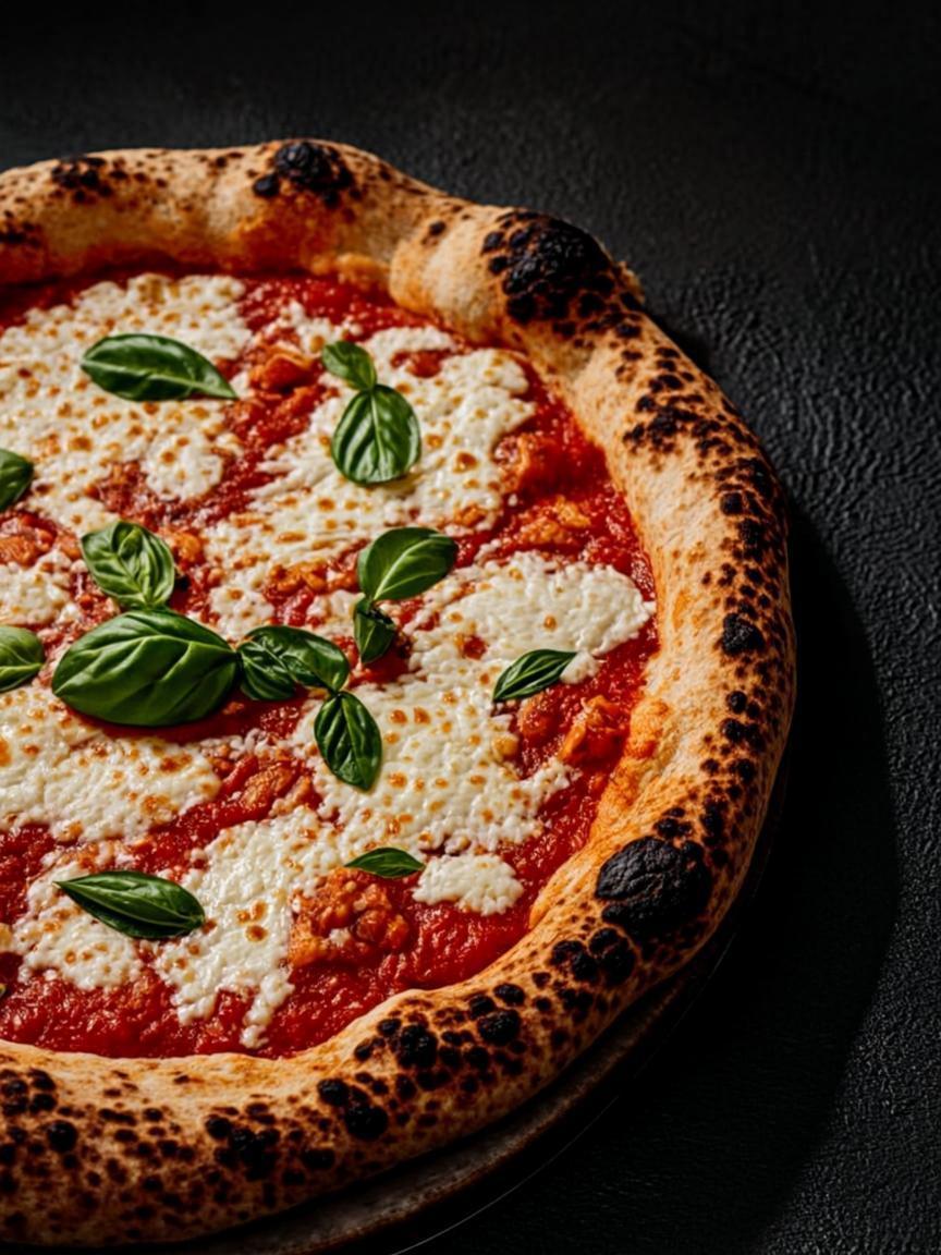 Svježa napuljska margherita pizza sa bosiljkom na tamnoj podlozi