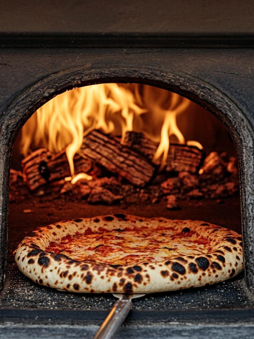 Pizza se peče u krušnoj peći uz plamen
