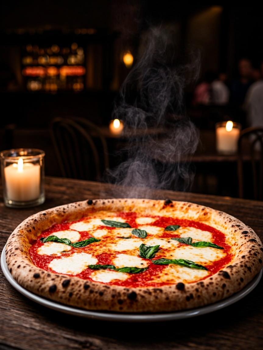 Gotova napuljska pizza na tamnom drvenom stolu